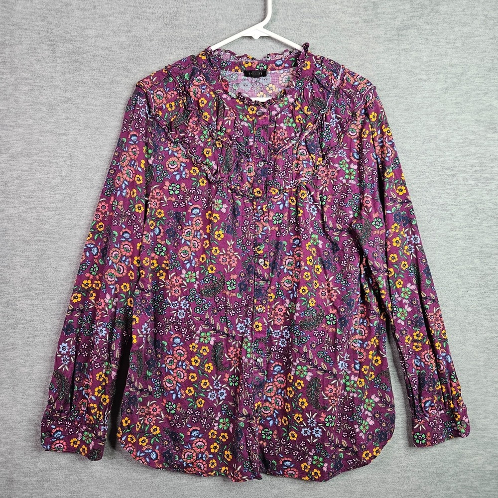Talbots Women's Sz XL Floral Ruffle Neck Button Front Blouse Purple Long Sleeve